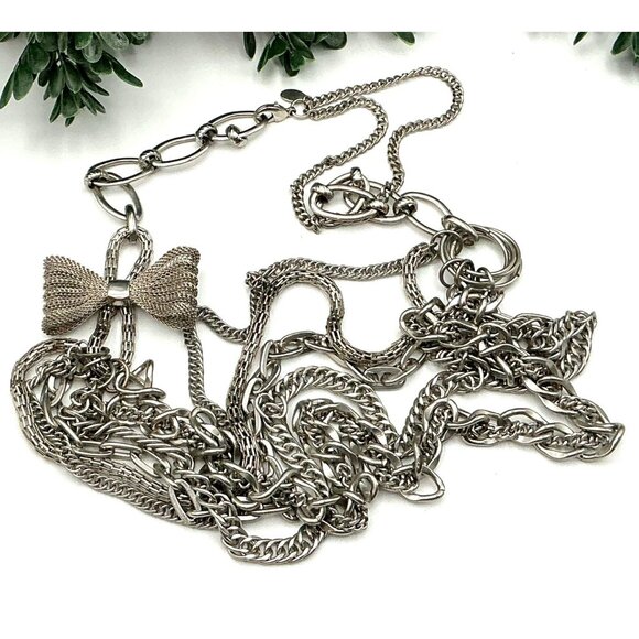 Layered Silver-Tone Chain Statement Necklace With Mesh Bow Pendant & Lobster Cla - Picture 3 of 5